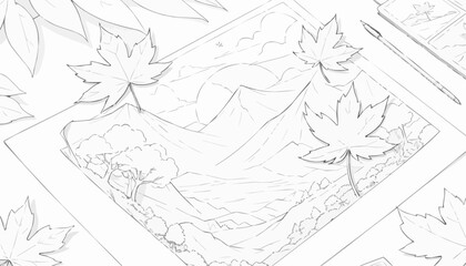 Obraz premium Mountain landscape drawing with leaves, artistic atmosphere, coloring page concept, black and white outline 