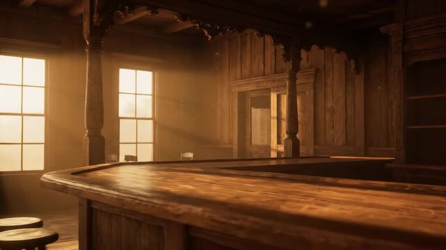 saloon interior design - A rustic wooden bar interior bathed in warm sunlight, with empty chairs and tables, creating a serene atmosphere reminiscent of a bygone era in a cozy tavern