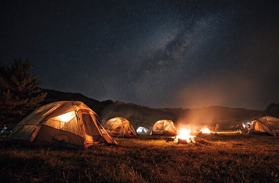 Night camping under the Milky Way, mountain campsite, campfire, adventure