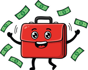 Red briefcase character with money flying around happy business finance concept vector illustration 