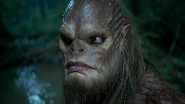 Mysterious sasquatch creature staring intensely in the forest.