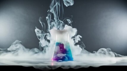 Dynamic Chemical Reaction: Colorful Liquid in Beaker with Smoke and Sparks