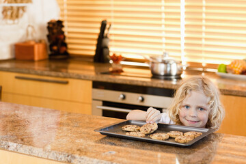 Girl holding baking sheet with chocolate chip cookies on granite countertop with steel oven, blinds