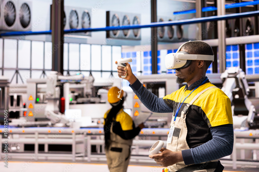 Poster professional engineer in automated factory wears vr headset, testing innovative software for industr