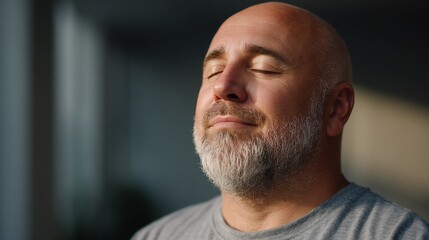 Obraz premium Bald Man with Eyes Closed Contemplative Expression.