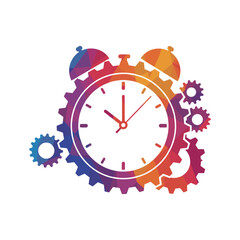 Colorful geometric clock with vibrant gears and alarm bells