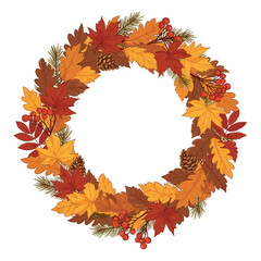 Autumn wreath with red and yellow leaves, berries, and pinecones for seasonal decor