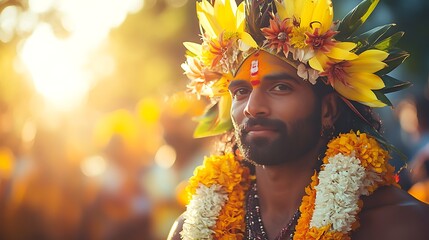 Devotee adorned with floral crown and garlands during Thaipusam. Serene expression and golden sunlight evoke spiritual celebration. Hindu festival of devotion and penance with copy space