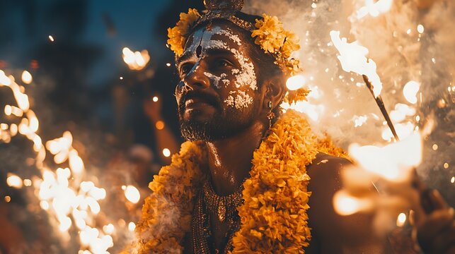 Devotee in intense moment surrounded by fire and smoke during Thaipusam ritual. Floral garlands and ash markings emphasize faith, sacrifice and cultural richness of celebration