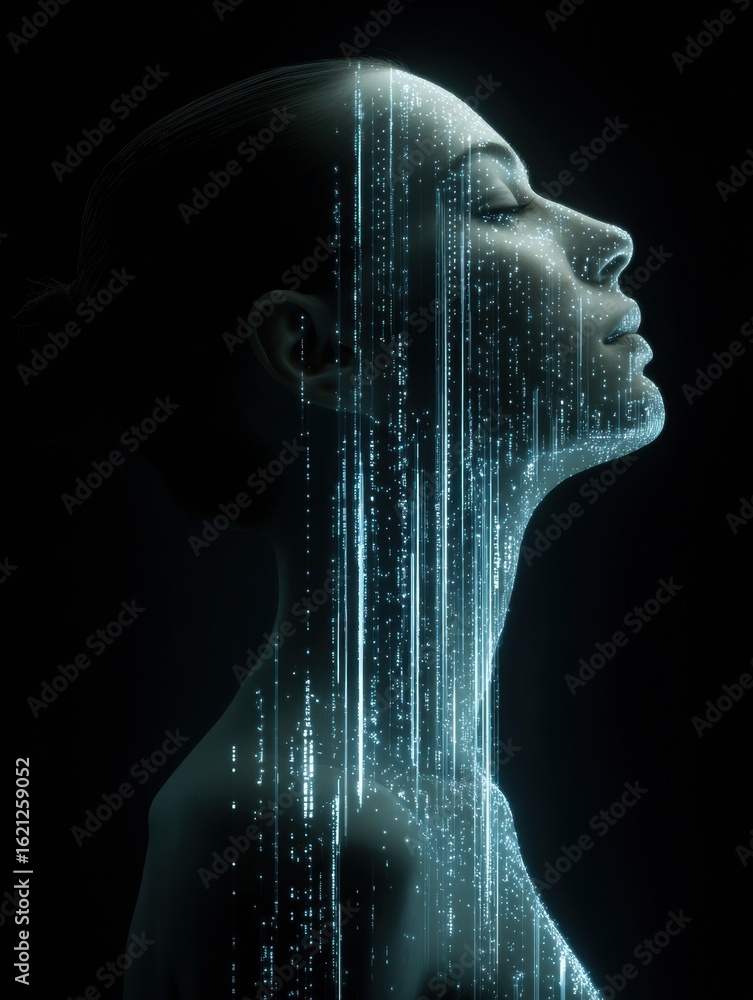 Poster female silhouette displaying futuristic data streams and skin elasticity scan in a tech aesthetic at