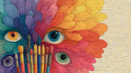 Paintbrushes creating colorful feathers and eyes, embracing artistic vision