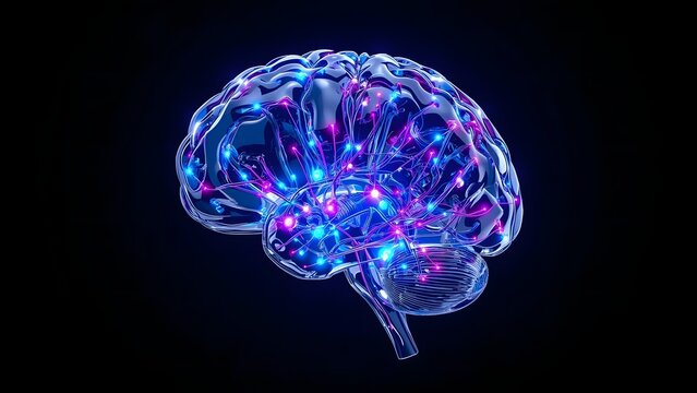 Glowing neural network brain with blue and purple lights