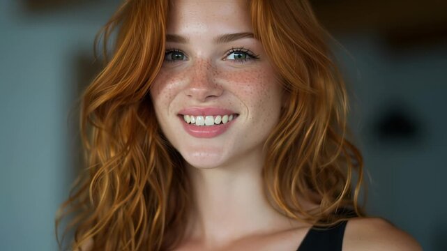 Smiling redhead woman with freckles looks at camera.