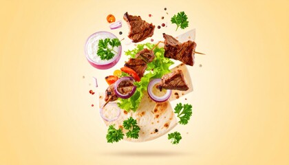 Levitation Gyro with Kebab, Pita, Salad  Yogurt, and Yellow Background.
