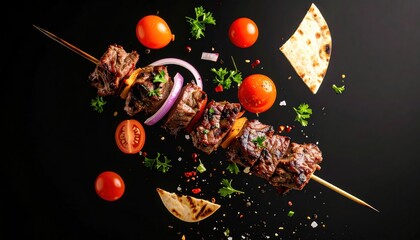 Grilled Beef Skewer with Tomatoes  Herbs on Black Background.
