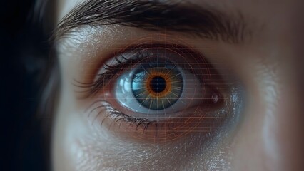 Close up of a human eye with a futuristic digital iris overlay