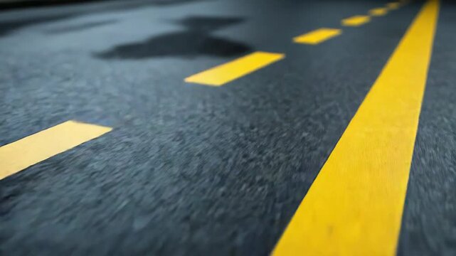 Wet asphalt road surface with bright yellow stripes leading into distance