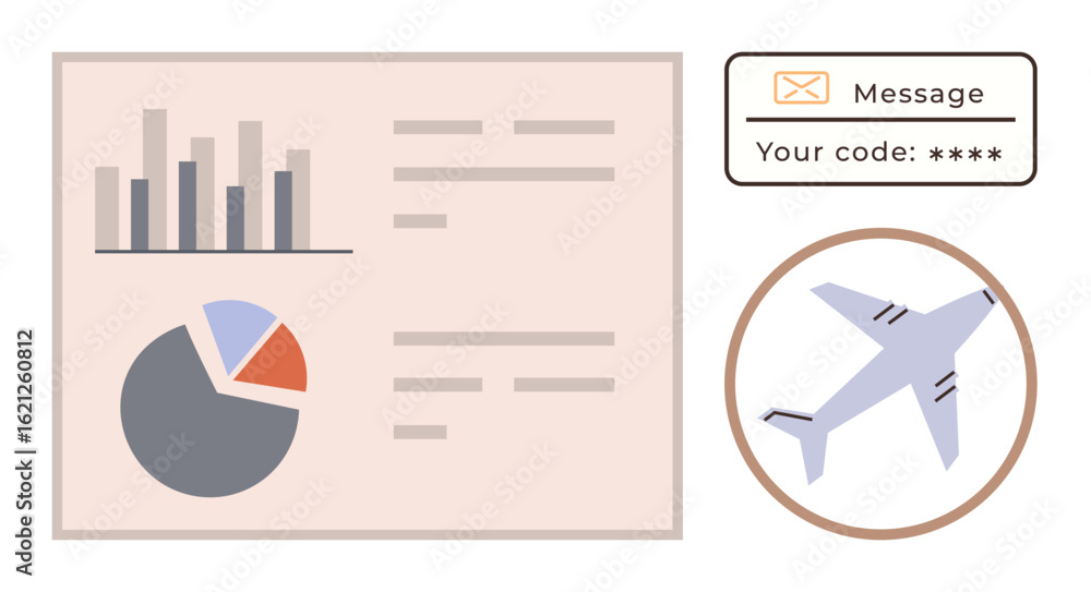 Poster bar and pie charts for analytics combined with a travel-related message and airplane icon. ideal for