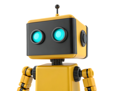 Close up of a yellow and black robot with glowing blue eyes on a transparent background - Powered by Adobe