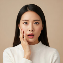 Woman with hand on cheek showing surprise on beige background