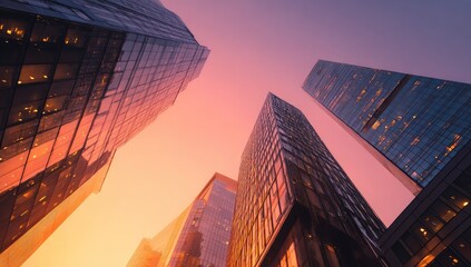 Cityscape sunset, skyscrapers, urban, business district, low angle, dusk, success, finance,  advertising
