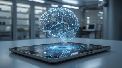Futuristic holographic brain interface projected from a tablet