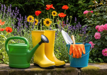Gardening tools and boots arranged in a garden