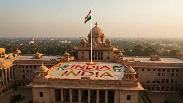 Aerial view of south block and north block buildings in new delhi, india, decorated for independence day and republic day celebrations, featuring the indian flag waving proudly on top