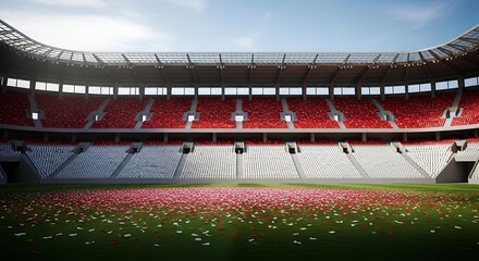 Empty stadium with red and white seats and confetti on the field, representing Indonesian spirit.