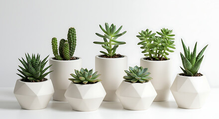 Obraz premium Succulent plants in geometric pots on white background, minimalist style