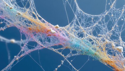 Naklejka premium Colorful spiderweb, intricate design, outdoor, blue sky background; science, nature