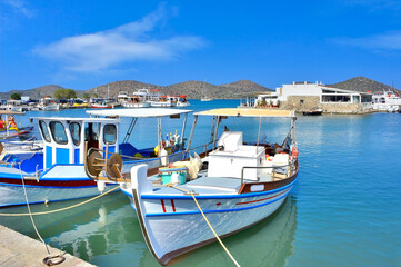 Fishing boats in marina. Elounda is a small fishing town on the northern coast of the island of Crete.