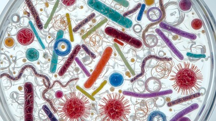 Fototapeta premium Colorful microscopic view of diverse bacteria and microorganisms in a petri dish