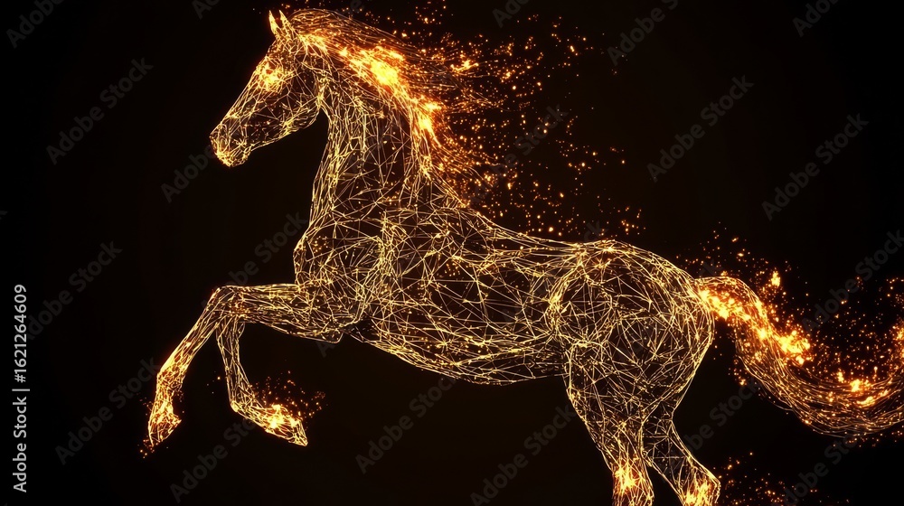 Poster abstract illustration of a horse made from glowing lines and particles, showcasing dynamic movement 