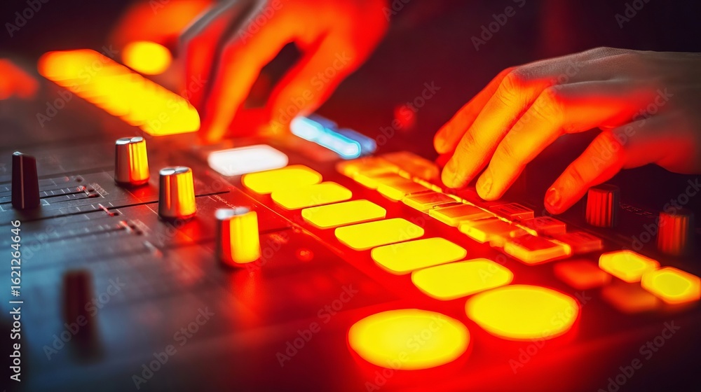 Poster hands of a musician skillfully manipulating a digital audio workstation with glowing buttons and sli