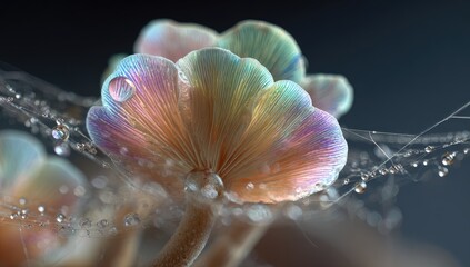 Obraz premium Iridescent mushrooms in dew-laden spiderweb, dark background; nature macro photography for websites, prints