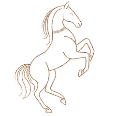 Elegant rearing horse in golden outline with luxurious glitter texture. Ideal for premium branding, zodiac signs, equestrian art, fashion prints, and sophisticated decor. Vector format.