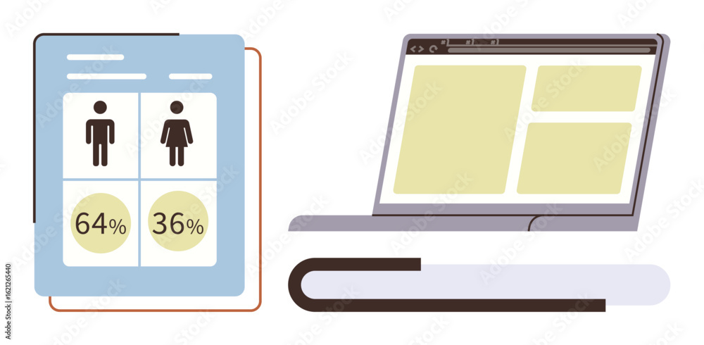Poster statistical document showing gender-based percentages near laptop with open browser window. ideal fo