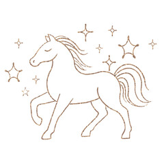 Golden outline of a walking horse surrounded by stars on a dark background. A dreamy, magical design perfect for holiday cards, zodiac signs, fantasy decor, and elegant branding. Vector format.

