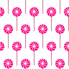 Christmas seamless pattern with pink swirl lollipop in festive style. Repeating sweet lollipop isolated on white. Concept decorative holiday background with cute Christmas lollipop design. Wrapping
