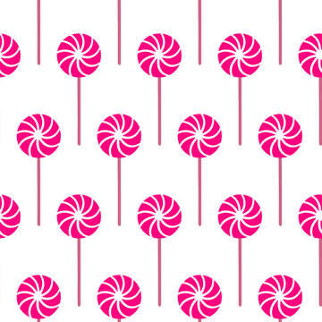 Christmas seamless pattern with pink swirl lollipop in festive style. Repeating sweet lollipop isolated on white. Concept decorative holiday background with cute Christmas lollipop design. Wrapping