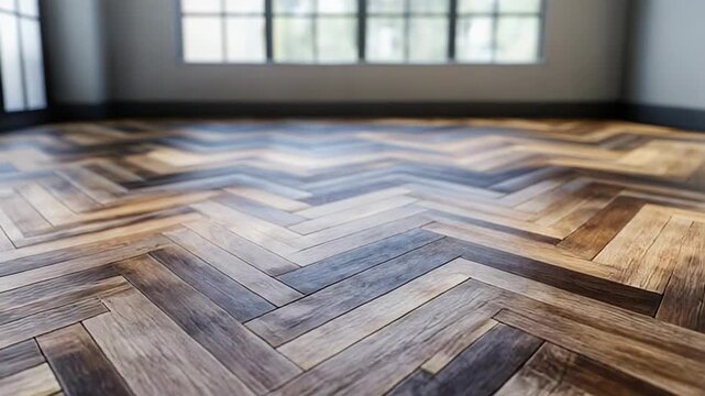 Empty room with herringbone parquet flooring and large windows illuminating hardwood floor