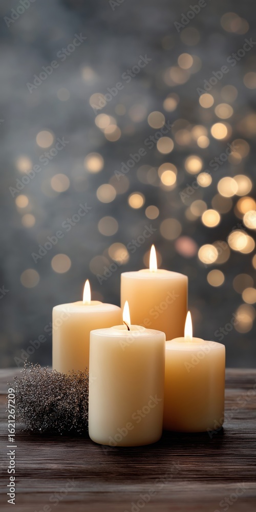 Aufkleber four lit candles with soft bokeh light in calm setting