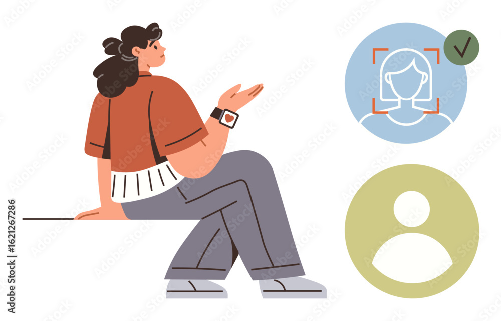 Poster casual woman sitting with gesture while profile-focused icons display verification and identity appr