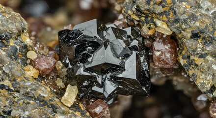 Close-up of a sharp, black crystal among smaller brown and yellow crystals , Striking detail of a complex black crystal nestled in a colorful matrix of gems