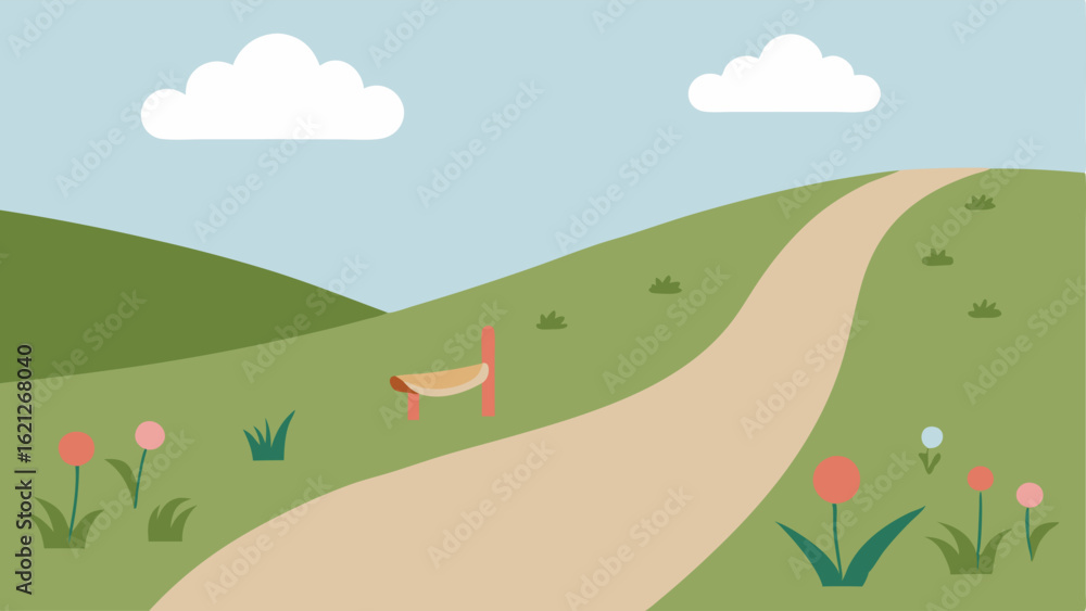Poster accessible pathway a wide smooth trail with a gentle slope lined with soft grass and wildflowers sig