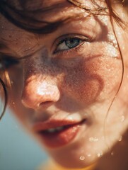 Obraz premium Sunlit Dewy Skin Glow With Bokeh Effect Highlighting Natural Beauty and Radiant Youth in a Warm Outdoor Setting During Daylight Hours