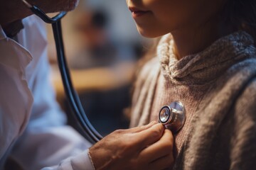 Close-up of a doctor using a stethoscope to listen to a girl's heartbeat during a check-up at a clinic Generative AI