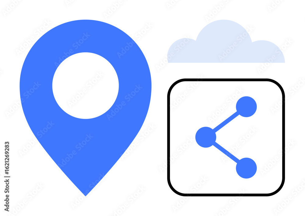 Poster blue location pin, sharing icon with dots and lines inside a square, cloud element in background. id