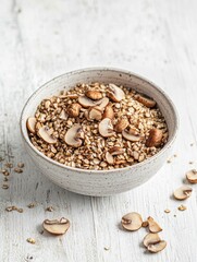 Bowl of nuts on a counter for healthy snacking. Close-up view showcases texture and grain.